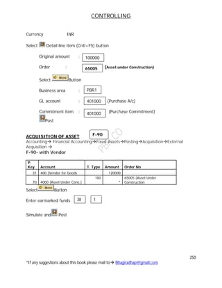 CONTROLLING
250
*If any suggestions about this book please mail to Bhagiradhap@gmail.com
Currency INR
Select Detail line item (Cntl+F5) button
Original amount :
Order : (Asset under Construction)
Select Button
Business area :
GL account : (Purchase A/c)
Commitment item : (Purchase Commitment)
Post
ACQUISITION OF ASSET
Accounting Financial AccountingFixed AssetsPostingAcquisitionExternal
Acquisition 
F-90- with Vendor
P.
Key Account T. Type Amount Order No
31 400 (Vendor for Goods 120000
70 4000 (Asset Under Cons.)
100
*
65005 (Asset Under
Construction
Select Button
Enter earmarked funds
Simulate and Post
100000
65005
PBR1
401000
401000
F-90
38 1
 