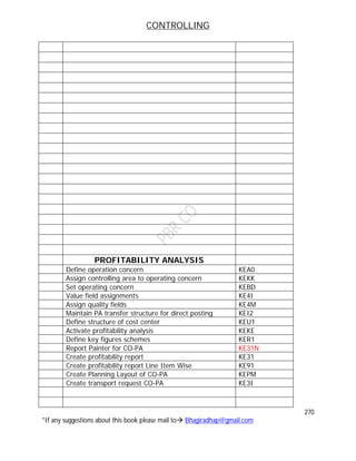 CONTROLLING
270
*If any suggestions about this book please mail to Bhagiradhap@gmail.com
PROFITABILITY ANALYSIS
Define operation concern KEA0
Assign controlling area to operating concern KEKK
Set operating concern KEBD
Value field assignments KE4I
Assign quality fields KE4M
Maintain PA transfer structure for direct posting KEI2
Define structure of cost center KEU1
Activate profitability analysis KEKE
Define key figures schemes KER1
Report Painter for CO-PA KE31N
Create profitability report KE31
Create profitability report Line Item Wise KE91
Create Planning Layout of CO-PA KEPM
Create transport request CO-PA KE3I
 