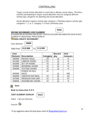 CONTROLLING
54
*If any suggestions about this book please mail to Bhagiradhap@gmail.com
Target=actual activity allocation is used only to allocate actual values. Therefore,
activities participating in target=actual allocation must be assigned different
activity type categories for planning and actual allocation.
Actual allocation requires activity type category 5. Planning requires activity type
categories 1, 2, or 3. Category 1 is most commonly used.
DEFINE SECONDARY COST ELEMENT
ACCOUNTINGCONTROLLINGCOST CENTER ACCOUNTINGMASTER DATACOST
ELEMENT INDIVIDUAL PROCESSING
KA06 CREATE SECONDARY
Cost element
Valid from To
Cost
Element Description Category
Record
qty.
Unit
measure
500000 Machine Hours 43 H
501000 LABOUR HOURS 43 H
502000 SET UP HOURS 43 H
503000 REPARING HOURS 43 H
504000 TESTING HOURS 43 H
505000
POWER IN KILO
WATS
43
KW
506000 CANTEEN PER MEAL 43 EA
507000 PRODUCATION UNIT 43 PC
508000 ASSEMBLING HOURS 43 H
Save
Back to menu item 
COST ELEMENT DISPLAY
Select all cost Elements
Execute
KA06
500000
01.01.2000 31.12.9999
KA23
 