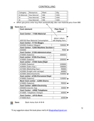 CONTROLLING
72
*If any suggestions about this book please mail to Bhagiradhap@gmail.com
Category Resources Plant Qty
M (Material) Raw Material1 PBR 5000
M Raw Material2 PBR 5000
M Raw Material3 PBR 5000
 When you press enter key than automatically take raw material price from MM
Save Back 
Cost element Plan fixed
cost
Cost Center : 1100-Material
400100 Raw Material Consumption
above values
will display here
Cost Center :1110-Wages
402000 (Indirect Wages) 100000
Cost Center: 1200-Machine Section-I
404000 9000
Cost Center: 2100-Administration
410000 (Salaries) 300000
Cost center: 3100-Purchase
410000 (Salaries) 200000
Cost center : 4100-Sales Dept
410000 (Salaries) 220000
420000 (Sales Exp.) 100000
421000 (Marketing Exp.) 90000
422000 (freight and carriage) 60000
423000 (Advertisement) 150000
Cost center: 6100-Personnel Dept
410000 (Salaries) 120000
Next Cost center : 6200-Stores
410000 (Salaries) 90000
Cost Center :6800-Electricity
405000-Eelectric Exp. 30000
Cost Center : 6900 Telephone
413000- Telephone Charges 60000
Cost Center : 6910-Rent
414000-Rent 60000
Save Back menu item 
 