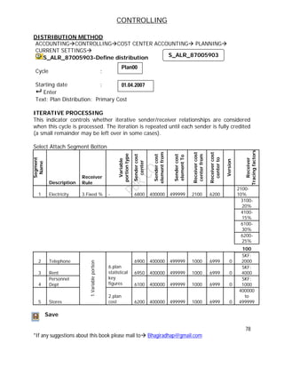 CONTROLLING
78
*If any suggestions about this book please mail to Bhagiradhap@gmail.com
DISTRIBUTION METHOD
ACCOUNTINGCONTROLLINGCOST CENTER ACCOUNTING PLANNING
CURRENT SETTINGS
S_ALR_87005903-Define distribution
Cycle :
Starting date :
 Enter
Text: Plan Distribution: Primary Cost
ITERATIVE PROCESSING
This indicator controls whether iterative sender/receiver relationships are considered
when this cycle is processed. The iteration is repeated until each sender is fully credited
(a small remainder may be left over in some cases).
Select Attach Segment Botton
Segment
Name
Description
Receiver
Rule
Variable
portiontype
Sendercost
center
Sendercost
elementfrom
Sendercost
elementTo
Receivercost
centerfrom
Receivercost
centerto
Version
Receiver
Tracingfactors
1 Electricity 3.Fixed % - 6800 400000 499999 2100 6200
2100-
10%
3100-
20%
4100-
15%
6100-
30%
6200-
25%
100
2 Telephone 6900 400000 499999 1000 6999 0
SKF:
2000
3 Rent 6950 400000 499999 1000 6999 0
SKF:
4000
4
Personnel
Dept
6.plan
statistical
key
figures 6100 400000 499999 1000 6999 0
SKF:
1000
5 Stores
1.Variableportion
2.plan
cost 6200 400000 499999 1000 6999 0
400000
to
499999
Save
S_ALR_87005903
Plan00
01.04.2007
 