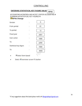CONTROLLING
79
*If any suggestions about this book please mail to Bhagiradhap@gmail.com
ENTERING STATISTICAL KEY FIGURE VALUE
ACCOUNTINGCONTROLLINGCOST CENTER ACCOUNTING
PLANNINGSTATISTICAL KEY FIGURES
KP46-Change
Version :
From period :
To period :
Fiscal year :
Cost center :
To :
Statistical key figure :
To :
 Select form based
 Select overview screen F5 button
01
12
2007
1000
6999
1000
9999
0
KP46
 