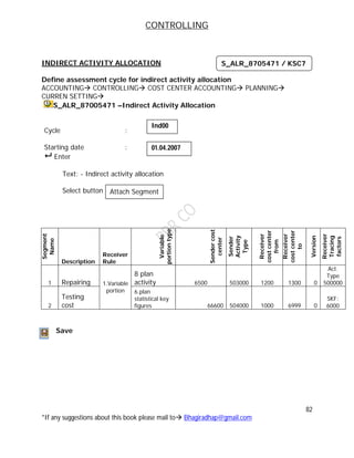 CONTROLLING
82
*If any suggestions about this book please mail to Bhagiradhap@gmail.com
INDIRECT ACTIVITY ALLOCATION
Define assessment cycle for indirect activity allocation
ACCOUNTING CONTROLLING COST CENTER ACCOUNTING PLANNING
CURREN SETTING
S_ALR_87005471 –Indirect Activity Allocation
Cycle :
Starting date :
 Enter
Text: - Indirect activity allocation
Select button
Segment
Name
Description
Receiver
Rule
Variable
portiontype
Sendercost
center
Sender
Activity
Type
Receiver
costcenter
from
Receiver
costcenter
to
Version
Receiver
Tracing
factors
1 Repairing
8 plan
activity 6500 503000 1200 1300 0
Act.
Type
500000
2
Testing
cost
1.Variable
portion 6.plan
statistical key
figures 66600 504000 1000 6999 0
SKF:
6000
Save
S_ALR_8705471 / KSC7
Ind00
01.04.2007
Attach Segment
 