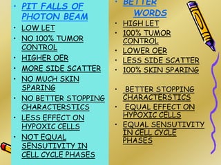 • PIT FALLS OF
PHOTON BEAM
• LOW LET
• NO 100% TUMOR
CONTROL
• HIGHER OER
• MORE SIDE SCATTER
• NO MUCH SKIN
SPARING
• NO BETTER STOPPING
CHARACTERSTICS
• LESS EFFECT ON
HYPOXIC CELLS
• NOT EQUAL
SENSUTIVITY IN
CELL CYCLE PHASES
• BETTER
WORDS
• HIGH LET
• 100% TUMOR
CONTROL
• LOWER OER
• LESS SIDE SCATTER
• 100% SKIN SPARING
• BETTER STOPPING
CHARACTERSTICS
• EQUAL EFFECT ON
HYPOXIC CELLS
• EQUAL SENSUTIVITY
IN CELL CYCLE
PHASES
 
