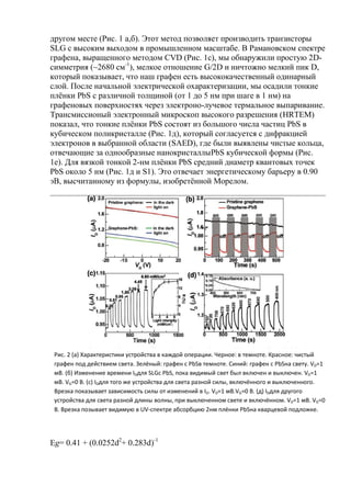 другом месте (Рис. 1 а,б). Этот метод позволяет производить транзисторы
SLG с высоким выходом в промышленном масштабе. В Рамановском спектре
графена, выращенного методом CVD (Рис. 1с), мы обнаружили простую 2Dсимметрия (~2680 см-1), мелкое отношение G/2D и ничтожно мелкий пик D,
который показывает, что наш графен есть высококачественный одинарный
слой. После начальной электрической охарактеризации, мы осадили тонкие
плѐнки PbS с различной толщиной (от 1 до 5 нм при шаге в 1 нм) на
графеновых поверхностях через электроно-лучевое термальное выпаривание.
Трансмиссионый электронный микроскоп высокого разрешения (HRTEM)
показал, что тонкие плѐнки PbS состоят из большого числа частиц PbS в
кубическом поликристалле (Рис. 1д), который согласуется с дифракцией
электронов в выбранной области (SAED), где были выявлены чистые кольца,
отвечающие за однообразные нанокристаллыPbS кубической формы (Рис.
1е). Для вязкой тонкой 2-нм плѐнки PbS средний диаметр квантовых точек
PbS около 5 нм (Рис. 1д и S1). Это отвечает энергетическому барьеру в 0.90
эВ, высчитанному из формулы, изобретѐнной Морелом.

Рис. 2 (а) Характеристики устройства в каждой операции. Черное: в темноте. Красное: чистый
графен под действием света. Зелёный: графен с PbSв темноте. Синий: графен с PbSна свету. VD=1
мВ. (б) Изменение времени IDдля SLGс PbS, пока видимый свет был включен и выключен. VD=1
мВ. VG=0 В. (с) IDдля того же устройства для света разной силы, включённого и выключенного.
Врезка показывает зависимость силы от изменений в ID. VD=1 мВ.VG=0 В. (д) IDдля другого
устройства для света разной длины волны, при выключенном свете и включённом. VD=1 мВ. VG=0
В. Врезка позывает видимую в UV-спектре абсорбцию 2нм плёнки PbSна кварцевой подложке.

Eg= 0.41 + (0.0252d2+ 0.283d)-1

 