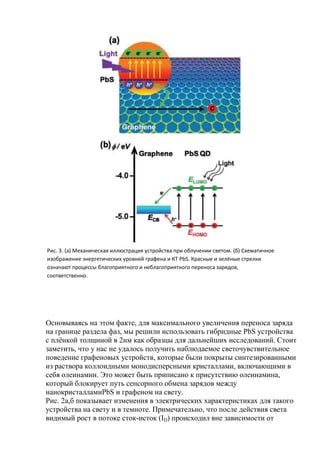Рис. 3. (а) Механическая иллюстрация устройства при облучении светом. (б) Схематичное
изображение энергетических уровней графена и КТ PbS. Красные и зелёные стрелки
означают процессы благоприятного и неблагоприятного переноса зарядов,
соответственно.

Основываясь на этом факте, для максимального увеличения переноса заряда
на границе раздела фаз, мы решили использовать гибридные PbS устройства
с плѐнкой толщиной в 2нм как образцы для дальнейших исследований. Стоит
заметить, что у нас не удалось получить наблюдаемое светочувствительное
поведение графеновых устройств, которые были покрыты синтезированными
из раствора коллоидными монодисперсными кристаллами, включающими в
себя олеинамин. Это может быть приписано к присутствию олеинамина,
который блокирует путь сенсорного обмена зарядов между
нанокристалламиPbS и графеном на свету.
Рис. 2а,б показывает изменения в электрических характеристиках для такого
устройства на свету и в темноте. Примечательно, что после действия света
видимый рост в потоке сток-исток (ID) происходил вне зависимости от

 