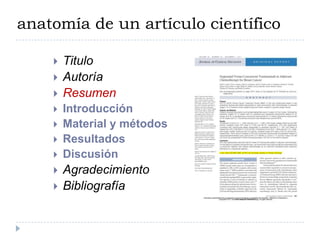 anatomía de un artículo científico

       Titulo
       Autoría
       Resumen
       Introducción
       Material y métodos
       Resultados
       Discusión
       Agradecimiento
       Bibliografía
 