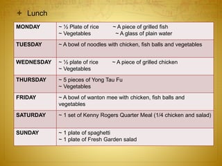  Lunch
MONDAY ~ ½ Plate of rice ~ A piece of grilled fish
~ Vegetables ~ A glass of plain water
TUESDAY ~ A bowl of noodles with chicken, fish balls and vegetables
WEDNESDAY ~ ½ plate of rice ~ A piece of grilled chicken
~ Vegetables
THURSDAY ~ 5 pieces of Yong Tau Fu
~ Vegetables
FRIDAY ~ A bowl of wanton mee with chicken, fish balls and
vegetables
SATURDAY ~ 1 set of Kenny Rogers Quarter Meal (1/4 chicken and salad)
SUNDAY ~ 1 plate of spaghetti
~ 1 plate of Fresh Garden salad
 