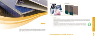 Clear Overlay Binders                                       GoGreen Binders




                                                                                                          Binders

                                                                                                          Clear Overlay Binders
                                                                                                          Branding or customization is easy with a premium clear overlay binder. It has been said “First impressions are everything!” A presentation binder has the
                                                                                                          chance to continue to impress your clients long after the presentation is over. Our premium clear overlay binders are ideal for manuals, catalogs, reports,
                                                                                                          presentations, directories, handbooks, and price lists that will be used over and over.




                                                                                                                                                                                                                                                                        BInDInG SuPPLIES
                                                                          Binders
                                                                                                          GoGreen Binders
                                                                                                          Everyone is thinking “green” these days. In today’s popular culture most people desire to be “good” citizens by employing practices that
                                                                                                          are in alignment with the protection of our environment. Our GO GREEn Binders are your eco-friendly solution to deliver the professional
                                                                                                          image you desire while demonstrating your concern for the environment. GO GREEn Binders are produced with 100% Post Consumer
                                                                                                          Recycled material, offering one of the best alternatives to toxic vinyl binders.




Present your million dollar proposals or further promote your brand image in your consumers
mind by packaging your finished document in a professional binder designed to give you that
winning professional appearance.



                                                                                              www.PresentationBindingSolutions.com • 888.654.BIND • info@orderpbs.com                                                                                                     28
 