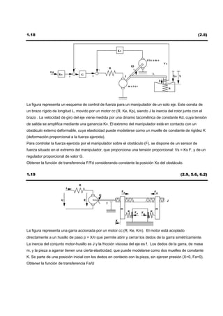 1.18                                                                                                                                       (2.8)



                                                                     Kv


                                                                                                    d in am o
                                                                                                                      Vs
                                                             R
                                                                                      ω
                                 -                   -
              Fd
                    Ks                   G                                                                L
                             +                   +                            J                                                Xo X
                                                                                                                  F
                                                                          J
                                                                                  m o tor
                                                                                                                           K




La figura representa un esquema de control de fuerza para un manipulador de un solo eje. Este consta de
un brazo rígido de longitud L, movido por un motor cc (R, Ke, Kp), siendo J la inercia del rotor junto con el
brazo . La velocidad de giro del eje viene medida por una dinamo tacométrica de constante Kd, cuya tensión
de salida se amplifica mediante una ganancia Kv. El extremo del manipulador está en contacto con un
obstáculo externo deformable, cuya elasticidad puede modelarse como un muelle de constante de rigidez K
(deformación proporcional a la fuerza ejercida).
Para controlar la fuerza ejercida por el manipulador sobre el obstáculo (F), se dispone de un sensor de
fuerza situado en el extremo del manipulador, que proporciona una tensión proporcional: Vs = Ks F, y de un
regulador proporcional de valor G.
Obtener la función de transferencia F/Fd considerando constante la posición Xo del obstáculo.


1.19                                                                                                                              (2.9, 5.6, 6.2)

                                     R
                         i
                                                                          Fd                              Fd
                                                     O
                     U                       E                                                                         J
                                                         f
                                                                      m                                       m
                                                                                  K       Fa   Fa     K


                                                                 X


La figura representa una garra accionada por un motor cc (R, Ke, Km). El motor está acoplado
directamente a un husillo de paso p = X/θ que permite abrir y cerrar los dedos de la garra simétricamente.
La inercia del conjunto motor-husillo es J y la fricción viscosa del eje es f. Los dedos de la garra, de masa
m, y la pieza a agarrar tienen una cierta elasticidad, que puede modelarse como dos muelles de constante
K. Se parte de una posición inicial con los dedos en contacto con la pieza, sin ejercer presión (X=0, Fa=0).
Obtener la función de transferencia Fa/U
 