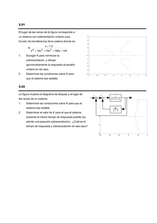2.21

El lugar de las raíces de la figura corresponde a
un sistema con realimentación unitaria cuya                5

                                                           4
función de transferencia de la cadena directa es:
                                                           3
                        s + 1 .5
        K                                                  2

            s 4 + 14s 3 + 74s 2 + 166s + 145               1


1.     Escoger K para minimizar la                         0

                                                           -1
       sobreoscilación, y dibujar
                                                           -2
       aproximadamente la respuesta al escalón             -3

       unitario en tal caso.                               -4

2.     Determinar las condiciones sobre K para             -5
                                                             -7           -6            -5         -4          -3    -2   -1   0

       que el sistema sea estable.


2.22

La figura muestra el diagrama de bloques y el lugar de                              +
                                                                  +                                   1
las raíces de un sistema.                                             -        2        -         s 2+ s - 2
1.     Determinar las condiciones sobre K para que el
       sistema sea estable.                                                    1                     K
                                                                                                    s+3
2.     Determinar el valor de K para el que el sistema
                                                                               0
       presenta el menor tiempo de respuesta posible (se
       admite una pequeña sobreoscilación). ¿Cuál es el
                                                                               -1
       tiempo de respuesta y sobreoscilación en ese caso?

                                                                               -2
                                                                                -4           -3          -2         -1    0        1
 
