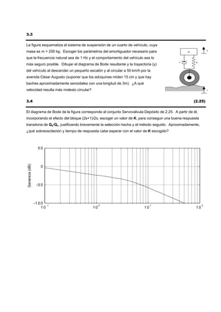 3.3

La figura esquematiza el sistema de suspensión de un cuarto de vehículo, cuya
                                                                                                              y
masa es m = 250 kg. Escoger los parámetros del amortiguador necesario para                      m

que la frecuencia natural sea de 1 Hz y el comportamiento del vehículo sea lo
                                                                                           c          k
más seguro posible. Dibujar el diagrama de Bode resultante y la trayectoria (y)
del vehículo al descender un pequeño escalón y al circular a 50 km/h por la
avenida César Augusto (suponer que los adoquines miden 15 cm y que hay
baches aproximadamente senoidales con una longitud de 3m). ¿A qué
velocidad resulta más molesto circular?                                                                       r



3.4                                                                                                 (2.25)

El diagrama de Bode de la figura corresponde al conjunto Servoválvula·Depósito de 2.25. A partir de él,
incorporando el efecto del bloque (2s+1)/2s, escoger un valor de K, para conseguir una buena respuesta
transitoria de Qe/Qc, justificando brevemente la selección hecha y el método seguido. Aproximadamente,
¿qué sobreoscilación y tiempo de respuesta cabe esperar con el valor de K escogido?



                  50
Ganancia (dB)




                    0



                 -5 0



                -1 0 0 -1                      0                            1                             2
                     10                   10                           10                            10
 