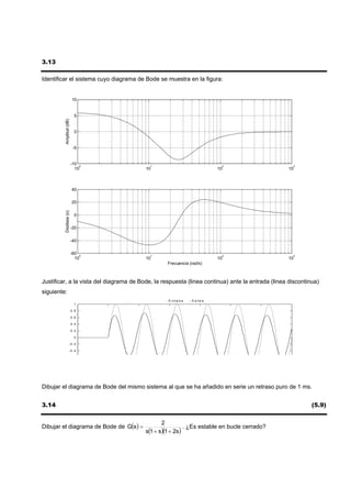 3.13

Identificar el sistema cuyo diagrama de Bode se muestra en la figura:


                         10


                           5
         Amplitud (dB)




                           0


                          -5


                         -10 0                1                                         2             3
                           10            10                                        10            10



                         40

                         20
         Desfase (o)




                           0

                         -20

                         -40

                         -60 0                1                                         2             3
                           10            10                                        10            10
                                                    Frecuencia (rad/s)



Justificar, a la vista del diagrama de Bode, la respuesta (linea continua) ante la entrada (linea discontinua)
siguiente:
                                                  .. E n tr a d a   - S a li d a
                           1

                         0 .8

                         0 .6

                         0 .4

                         0 .2

                           0

                    - 0 .2

                    - 0 .4




Dibujar el diagrama de Bode del mismo sistema al que se ha añadido en serie un retraso puro de 1 ms.


3.14                                                                                                       (5.9)


Dibujar el diagrama de Bode de G(s ) =
                                                2
                                                          . ¿Es estable en bucle cerrado?
                                         s(1 + s)(1 + 2s)
 