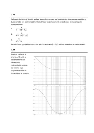 3.20

Aplicando el criterio de Nyquist, analizar las condiciones para que los siguientes sistemas sean estables en
bucle cerrado, con realimentación unitaria. Dibujar aproximadamente en cada caso el diagrama polar
correspondiente.
               K
1.
       (1 + T1s)(1 + T2 s)
               K
2.
       s(1 + T1s)(1 + T2 s)

           K
3.
       s(1 + T1s)

En este último, ¿qué efecto produce la adición de un cero (1 + T2 s) sobre la estabilidad en bucle cerrado?


3.21

Analizar, mediante el
                                 15
criterio de Nyquist, la
estabilidad en bucle             10


cerrado, con                       5

realimentación unitaria,           0

del sistema cuyo
                                  -5

diagrama de Bode en
                                -10
bucle abierto se muestra.
                                -15


                                -20


                                -25


                                -30
                                  10 -1            10 0              10 1              10 2              10 3
                                -90


                               -100


                               -110


                               -120


                               -130


                               -140


                               -150


                               -160


                               -170
                                  10 -1            10 0              10 1              10 2               10 3
 