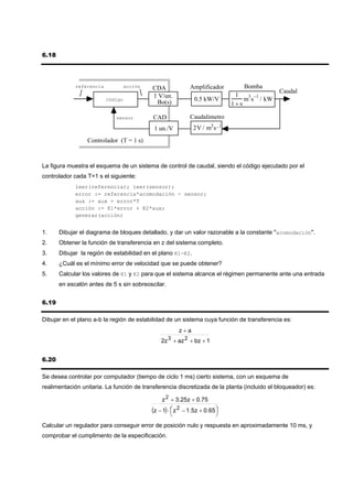 6.18




             referencia            acción   CDA              Amplificador         Bomba
                                                                                             Caudal
                                            1 V/un.                            1   3 −1
                          código                               0.5 kW/V           m s / kW
                                             Bo(s)                            1+s

                             sensor         CAD              Caudalímetro
                                             1 un./V           2V / m3 s−1
                 Controlador (T = 1 s)



La figura muestra el esquema de un sistema de control de caudal, siendo el código ejecutado por el
controlador cada T=1 s el siguiente:
             leer(referencia); leer(sensor);
             error := referencia*acomodación - sensor;
             aux := aux + error*T
             acción := K1*error + K2*aux;
             generar(acción)


1.     Dibujar el diagrama de bloques detallado, y dar un valor razonable a la constante "acomodación".
2.     Obtener la función de transferencia en z del sistema completo.
3.     Dibujar la región de estabilidad en el plano K1-K2.
4.     ¿Cuál es el mínimo error de velocidad que se puede obtener?
5.     Calcular los valores de K1 y K2 para que el sistema alcance el régimen permanente ante una entrada
       en escalón antes de 5 s sin sobreoscilar.


6.19

Dibujar en el plano a-b la región de estabilidad de un sistema cuya función de transferencia es:
                                                        z+a
                                                2z 3 + az 2 + bz + 1


6.20

Se desea controlar por computador (tiempo de ciclo 1 ms) cierto sistema, con un esquema de
realimentación unitaria. La función de transferencia discretizada de la planta (incluido el bloqueador) es:

                                                 z 2 + 3.25z + 0.75
                                            (z − 1) ⋅ ⎛ z 2 − 1.5z + 0.65 ⎞
                                                      ⎜
                                                      ⎝
                                                                          ⎟
                                                                          ⎠
Calcular un regulador para conseguir error de posición nulo y respuesta en aproximadamente 10 ms, y
comprobar el cumplimento de la especificación.
 