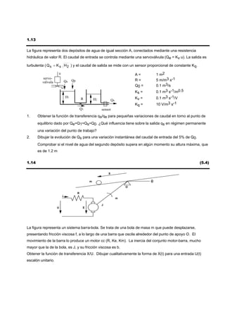 1.13

La figura representa dos depósitos de agua de igual sección A, conectados mediante una resistencia
hidráulica de valor R. El caudal de entrada se controla mediante una servoválvula (Qe = Kv u). La salida es

turbulenta ( Q s = K s H 2 ) y el caudal de salida se mide con un sensor proporcional de constante Kq.

                     u                                                        A=         1 m2
         servo-
                             Qe   Qp                                          R=         5 m/m3 s-1
         válvula
                                                                              Q0 =       0.1 m3/s
                                                                              Ks =       0.1 m3 s-1/m0.5
                             H1
                                           R        H2                        Kv =       0.1 m3 s-1/V
                                                                 Qs
                                                                              Kq =       10 V/m3 s-1
                                           Q1            sensor
1.     Obtener la función de transferencia qs/qe para pequeñas variaciones de caudal en torno al punto de
       equilibrio dado por Qe=Q1=Qs=Q0. ¿Qué influencia tiene sobre la salida qs en régimen permanente
       una variación del punto de trabajo?
2.     Dibujar la evolución de Qs para una variación instantánea del caudal de entrada del 5% de Q0.
       Comprobar si el nivel de agua del segundo depósito supera en algún momento su altura máxima, que
       es de 1.2 m


1.14                                                                                                       (5.4)

                                                             X

                                                m                                    θ
                                                                          O

                                       R
                         i
                                                                      m

                                                         J
                    U                       E




La figura representa un sistema barra-bola. Se trata de una bola de masa m que puede desplazarse,
presentando fricción viscosa f, a lo largo de una barra que oscila alrededor del punto de apoyo O. El
movimiento de la barra lo produce un motor cc (R, Ke, Km). La inercia del conjunto motor-barra, mucho
mayor que la de la bola, es J, y su fricción viscosa es b.
Obtener la función de transferencia X/U. Dibujar cualitativamente la forma de X(t) para una entrada U(t)
escalón unitario.
 