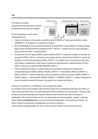 7.9


                                                  CORTA_LISTA           DESPLAZADOR_LISTO         LARGA_LISTA
En la figura se muestra
                                                                                IZDA                    DCHA
esquemáticamente (parte de) una célula
de clasificación de piezas por longitud.
                                                       Zona                                           Zona
                                                      Descarga                      Zona            Descarga
                                                       Cortas                       Carga            Largas
El ciclo de operación, que se repite
indefinidamente es:                                          DET2    DET1
•     Cargar en la célula una nueva pieza, poniendo la señal CARGAR a 1 hasta que se detecte la señal
      CARGADA=1. (El cargador no se muestra en la figura.)
•     Mover el desplazador hacia la izquierda (poniendo la señal IZDA a 1) para medirla. Si la pieza es larga,
      llega a poner simultáneamente los detectores DET1 y DET2 a 1, mientras que si es corta sólo llega a
      poner uno (primero DET1 y después DET2).
•     Si la pieza es corta, se sigue llevando hacia la izquierda (IZDA a 1) hasta que se llega a su posición de
      descarga (CORTA_LISTA=1), mientras que si es larga, se lleva hacia la derecha (DCHA a 1) hasta que
      se llega a su posición de descarga (LARGA_LISTA=1). En cualquier caso, una vez que la pieza haya
      sido retirada, el desplazador vuelve hacia su posición de carga (poniendo, respectivamente, DCHA o
      IZDA a 1 hasta que se detecta DESPLAZADOR_LISTO=1).
•     Para la retirada de las piezas, en ambos casos, hay que ordenar el descenso y ascenso de la
      correspondiente grúa: BAJAR_LARGA, o BAJAR_CORTA, a 1 hasta detectar ABAJO_LARGA=1, o
      ABAJO_CORTA=1, esperar 5 segundos a que se complete la sujeción de la pieza, SUBIR_LARGA, o
      SUBIR_CORTA, a 1 hasta detectar ARRIBA_LARGA=1, o ARRIBA _CORTA=1, y esperar 5 segundos a
      que se complete la retirada de la pieza. (Las grúas no se muestran en la figura.)


Diseñar una red de Petri, o un GRAFCET, para controlar esta célula.
En el estado inicial, al que se deberá volver al final de cada ciclo, el desplazador está listo para recibir una
pieza y las grúas están arriba y sin pieza (listas para iniciar la retirada de una nueva pieza). Se supone que
siempre hay piezas preparadas para cargar la célula y siempre hay sitio para retirar las piezas ya
clasificadas. Para acortar el tiempo de ciclo, las operaciones de las grúas (bajadas, subidas, y esperas)
deben hacerse simultáneamente con los movimientos del desplazador, en la medida de lo posible. (El
diseño mecánico de las grúas y el desplazador es tal que no colisionan.)
¿Qué sucede si el cargador falla y se inicia un ciclo sin pieza? Indicar cómo podría solucionarse.
 