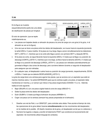 7.10


                                                 CORTA_LISTA           DESPLAZADOR_LISTO        LARGA_LISTA
En la figura se muestra
                                                                              IZDA                   DCHA
esquemáticamente (parte de) una célula
de clasificación de piezas por longitud.
                                                      Zona                                          Zona
                                                     Descarga                     Zona            Descarga
                                                      Cortas                      Carga            Largas
El ciclo de operación, que se repite
indefinidamente es:                                         DET2    DET1
•    Las piezas son bajadas desde un almacén de piezas a la zona de carga con una grúa (ni la grúa, ni el
     almacén se ven en la figura).
•    Una vez que se tiene una pieza entre los dedos del desplazador, se mueve hacia la izquierda (poniendo
     la señal IZDA a 1) para medirla. Si la pieza es muy larga, llega a poner simultáneamente los detectores
     DET1 y DET2 a 1, mientras que si es corta sólo llega a poner uno (primero DET1 y después DET2).
•    Si la pieza es corta, se sigue llevando hacia la izquierda (IZDA a 1) hasta que se llega a su posición de
     descarga (CORTA_LISTA=1), mientras que si es larga, se lleva hacia la derecha (DCHA a 1) hasta que
     se llega a su posición de descarga (LARGA_LISTA=1). Las piezas son retiradas automáticamente por
     gravedad al llegar a las zonas de descarga, pero conviene detener durante un segundo el desplazador
     para asegurar que son retiradas.
•    En cualquier caso, el desplazador vuelve hacia su posición de carga (poniendo, respectivamente, DCHA
     o IZDA a 1 hasta que se detecta DESPLAZADOR_LISTO=1).
La grúa de carga tiene una ventosa para agarrar las piezas, que se acciona con un aspirador que está en
marcha mientras está a 1 la señal ASPIRADOR (para que la ventosa sujete una pieza, el aspirador debe
mantenerse en marcha), y un sensor que indica si hay pieza enganchada (COGIDA =1) o no. Además
realiza el ciclo siguiente:
•    Bajar (BAJAR a1) con una pieza cogida hasta la zona de carga (ABAJO=1)
•    Soltar la pieza entre los dedos del desplazador.
•    Subir (SUBIR a 1) hasta que llega al almacen de piezas (ARRIBA=1).
•    Coger una pieza con la ventosa (siempre hay piezas preparadas en el almacén).


1.     Diseñar una red de Petri, o un GRAFCET, para controlar esta célula. Para acortar el tiempo de ciclo,
       las operaciones de la grúa deben hacerse simultáneamente con los movimientos del desplazador,
       en la medida de lo posible. (El diseño mecánico de la grúa y el desplazador es tal que no colisionan.)
2.     Numerar los lugares o etapas y escribir el tratamiento POST que condiciona el accionamiento del
       aspirador. Se recomienda utilizar lenguaje de contactos.
 
