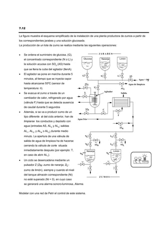 7.12

La figura muestra el esquema simplificado de la instalación de una planta productora de zumos a partir de
los correspondientes jarabes y una solución glucosada.
La producción de un lote de zumo se realiza mediante las siguientes operaciones:


•   Se ordena el suministro de glucosa, (G),                                   JARABES

    el concentrado correspondiente (N o L) y              Glucosa               Naranja                  Limón

    la solución acuosa con SO2 (AS) hasta
    que se llena la cuba del agitador (llenA).
•   El agitador se pone en marcha durante 5
                                                       G                       N                    L              AS
    minutos, al tiempo que se inyecta vapor                                                                                 Agua + SO
                                                                                                                                    2
    hasta alcanzarse 55ºC (sensor de                       AL2                                                     Agua de limpieza
    temperatura: θ).                                                 T                                   AL1
                                                                                   Agitador
•   Se evacua el zumo a través de un                       V                                              Salida

    cambiador de calor, refrigerado por agua
    (válvula F) hasta que se detecta ausencia
    de caudal durante 5 segundos
                                                           AL3                     C
•   Además, si se va a producir zumo de un
                                                                                                    F
    tipo diferente al del ciclo anterior, han de
                                                   Agua fría
    limpiarse los conductos y depósito con
    agua (entradas AS, AL2 y AL4; salidas
                                                                                                         AL4
    AL1, AL3, y ALN o ALL) durante medio
    minuto. La apertura de una válvula de                  N1                               L1

    salida de agua de limpieza ha de hacerse
                                                           N2            AL                 L2           ALL
    cerrando la válvula de corte situada                                   N

    inmediatamente después (por ejemplo: T,                    Naranja                           Limón
                                                     NN                                NL
    en caso de abrir AL1).
•   Un ciclo se desencadena mediante un                                                                                  ZN ZL Alarma
    pulsador Z (ZN- zumo de naranja; ZL-
    zumo de limón), siempre y cuando el nivel
    del tanque almacén correspondiente (Ni)
                                                                               ZUMOS
    no esté superado (Ni = 0), en cuyo caso
    se generará una alarma sonoro-luminosa, Alarma.


Modelar con una red de Petri el control de este sistema.
 