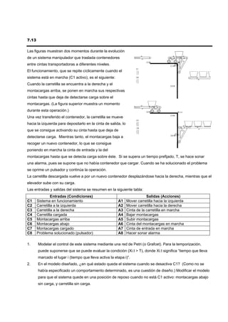 7.13

Las figuras muestran dos momentos durante la evolución
de un sistema manipulador que traslada contenedores
entre cintas transportadoras a diferentes niveles.
El funcionamiento, que se repite cíclicamente cuando el
sistema está en marcha (C1 activo), es el siguiente:
Cuando la carretilla se encuentra a la derecha y el
montacargas arriba, se ponen en marcha sus respectivas
cintas hasta que deja de detectarse carga sobre el
montacargas. (La figura superior muestra un momento
durante esta operación.)
Una vez transferido el contenedor, la carretilla se mueve
hacia la izquierda para depositarlo en la cinta de salida, lo
que se consigue activando su cinta hasta que deja de
detectarse carga. Mientras tanto, el montacargas baja a
recoger un nuevo contenedor, lo que se consigue
poniendo en marcha la cinta de entrada y la del
montacargas hasta que se detecta carga sobre éste. Si se supera un tiempo prefijado, T, se hace sonar
una alarma, pues se supone que no había contenedor que cargar. Cuando se ha solucionado el problema
se oprime un pulsador y continúa la operación.
La carretilla descargada vuelve a por un nuevo contenedor desplazándose hacia la derecha, mientras que el
elevador sube con su carga.
Las entradas y salidas del sistema se resumen en la siguiente tabla:
                Entradas (Condiciones)                                      Salidas (Acciones)
C1     Sistema en funcionamiento                        A1      Mover carretilla hacia la izquierda
C2     Carretilla a la izquierda                        A2      Mover carretilla hacia la derecha
C3     Carretilla a la derecha                          A3      Cinta de la carretilla en marcha
C4     Carretilla cargada                               A4      Bajar montacargas
C5     Montacargas arriba                               A5      Subir montacargas
C6     Montacargas abajo                                A6      Cinta del montacargas en marcha
C7     Montacargas cargado                              A7      Cinta de entrada en marcha
C8     Problema solucionado (pulsador)                  A8      Hacer sonar alarma

1.     Modelar el control de este sistema mediante una red de Petri (o Grafcet). Para la temporización,
       puede suponerse que se puede evaluar la condición (Xi.t > T), donde Xi.t significa “tiempo que lleva
       marcado el lugar i (tiempo que lleva activa la etapa i)”.
2.     En el modelo diseñado, ¿en qué estado queda el sistema cuando se desactiva C1? (Como no se
       había especificado un comportamiento determinado, es una cuestión de diseño.) Modificar el modelo
       para que el sistema quede en una posición de reposo cuando no está C1 activo: montacargas abajo
       sin carga, y carretilla sin carga.
 