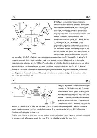 1.16                                                                                                                                           (5.5)


                      x                                                                         En la figura se muestra el esquema de una
                                                                               l
         Ψ                                         Bc                                           dirección asistida eléctrica. En el eje del volante
                          Eje z
                                     KT                                                         hay un resorte de torsión (Kθ=0.2 N·m/rad) y un
                                                                                                sensor (KR=5 V/rad) que mide la diferencia de
                               nv           nm                                                  ángulo girado entre los extremos del resorte. Esta
                                                           Bm
                               θ2                                                               tensión se emplea como referencia para
                     KR
    Jr                                                               Motor de                   alimentar un motor cc (Ke=Kp=0.2 N·m/A, R=1Ω,
                                                                     asistencia
                                                   U            Jm                              Jm=0.01 kg·m2, Bm=0.1 N·m/rad·s-1), que
                 Kθ
                               θ1             Reg                                               proporciona un par de asistencia que se suma al
                                                                                                del volante en el doble tren de engranajes (nm=nv
                                                                                                =5). La rotación del eje del tren de engranajes se
                                         Volante
                                                                                                transforma en desplazamiento lineal mediante
una cremallera (KT=0.05 m/rad), en cuyo desplazamiento se produce fricción viscosa (Bc=10 N/m·s-1). A
través de una biela (l=10 cm) la cremallera hace girar la rueda respecto del eje vertical (z). La rueda
presenta inercia ante este giro (Jr=0.6 Kg·m2). Además, a la velocidad de interés, se produce un par sobre
la rueda tendente a enderezarla, que se puede considerar proporcional al giro: Mr=K·Ψ (K=10 N·m/rad)

Obtener la función de transferencia del sistema (Ψ/θ1) simplificando el diagrama de bloques, suponiendo
que Reg es una cte de valor unidad. Dibujar aproximadamente la respuesta (giro de las ruedas) ante un
giro brusco del volante de 45º.


1.17                                                                                                                                           (2.7)


             R                                                                                       La figura representa un freno accionado por
    i                                                  X              µ
                           θ                                                                         un motor cc (R, Kp, Ke, Jm, fm). El eje del
                               m
                                     Jm                                                     ω
                                                                                                     motor lleva un husillo (paso: p= x / θm) que
U                E                                         K
                                                                          r1
                                    fm                                                               hace desplazarse una pieza móvil con una
                                                                      J            r2
                                                            Fz                                       zapata. La zapata presiona con una fuerza

                                                                           f                         Fz sobre un disco de radio r1, solidario con
                                                                                        m       V
                                                                                                     una polea de radio r2, frenando la bajada de
la masa m. La inercia de la polea y el disco es J y la fricción viscosa con su eje es f. La elasticidad de la
zapata puede modelarse como un muelle de constante K, tal como muestra la figura. El coeficiente de
fricción entre la zapata y el disco es µ.
Modelar este sistema considerando como entrada la tensión aplicada al motor U y como salidas la velocidad
de la masa m (v), la fuerza de apriete del freno (Fz), y la velocidad angular del motor (ωm).
 