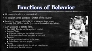 ▪  All behavior is a form of communication
▪  All behavior serves a purpose (function of the behavior)
▪  In order to change a behavior, a person must learn a new
behavior that fulfills a similar purpose as the undesirable behavior
▪  Gain access to or escape from …
–  Peer/Adult Attention (can be negative or positive)
–  Activities/Tasks
▪  Student sits in hallway and does not have to read aloud
▪  Student goes to the office and principal lets her run errands
–  Tangibles
▪  Student gets his pencil back from another student
▪  Student does not have to eat her peas
–  Sensory
▪  Student sits in hallway & leaves the bright light in the classroom
▪  Student gets to sleep while in time-out
 