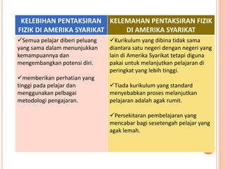 KELEBIHAN PENTAKSIRAN
FIZIK DI AMERIKA SYARIKAT
KELEMAHAN PENTAKSIRAN FIZIK
DI AMERIKA SYARIKAT
Semua pelajar diberi peluang
yang sama dalam menunjukkan
kemampuannya dan
mengembangkan potensi diri.
memberikan perhatian yang
tinggi pada pelajar dan
menggunakan pelbagai
metodologi pengajaran.
Kurikulum yang dibina tidak sama
diantara satu negeri dengan negeri yang
lain di Amerika Syarikat tetapi diguna
pakai untuk melanjutkan pelajaran di
peringkat yang lebih tinggi.
Tiada kurikulum yang standard
menyebabkan proses melanjutkan
pelajaran adalah agak rumit.
Persekitaran pembelajaran yang
mencabar bagi sesetengah pelajar yang
agak lemah.
 