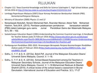 RUJUKAN
 Chapter 112. Texas Essential Knowledge and Skills for Science Subchapter C. High School diakses pada
24 Feb 2016 di http://ritter.tea.state.tx.us/rules/tac/chapter112/ch112c.hml
 Lembaga Peperiksaan Malaysia (2007) Dasar Konsep Pentaksiran Berdasarkan Sekolah (PBS).
KementerianPelajaran Malaysia.
 Ministry of Education (2006) Physics 11 and 12
 Norazilawati Abdullah, Noraini Mohamed Noh, Rosnidar Mansor, Abdul Talib Mohamed
Hashim, Teck,W.K. (2015). Penilaian pelaksanaan pentaksiran berasaskan sekolah
(PBS) dalam kalangan guru sains. Jurnal Pendidikan Sains dan Matematik Malaysia.
5(1), 89 – 102.
 Saskatchewan Education Report (1981).Understanding the Common Essential Learnings: A Handbook
for Teacher diakses pada 25 Februari 2016 dihttp://www.education.gov.sk.ca/adx/aspx/
adxGetMedia.aspx?DocID=3890,88,Documents&MediaID=11306&Filename=Understanding+
the+Common+Essential+Learnings++A+Handbook+for+Teachers.pdf
 Pembangunan Pendidikan 2001-2010. Perancangan Bersepadu Penjana Kecemerlangan Pendidikan
diakses pada 27 Februari 2016 dihttp://web.jiaozong.org.my/doc/2009/rnr/edu_law/
eduBM01-10.pdf
 Sidhu, C. Y. F. & G. K. (2012a). Bob4.Pdf. Journal of the Malaysian Education Deans’
Universiti Sains Malaysia, Council, V. 1–18.
 Sidhu, C. Y. F. & G. K. (2012b). School-Based Assessment among Esl Teachers in
Malaysian Secondary Schools. Journal of the Malaysian Education Deans’
Universiti Sains Malaysia, Council, V. 1–18.Mohammad Redzuan & Masitah
Shahrill (2015). A critical review of the school based a ssessment in Brunei
Darulsalam. International Journal of Education and Practice. 3(1), 17-27
 