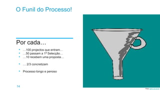 14
O Funil do Processo!
Por cada…
• …100 projectos que entram…
• …50 passam a 1ª Selecção…
• …10 recebem uma proposta…
• … 2/3 concretizam
• Processo longo e penoso
Photo: gartic.uol.com.br
 