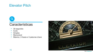 15
Elevator Pitch
Características
• 30 segundos
• Curto
• Simples
• Memorável
• Máximo: 3 frases e 3 palavras chave
Photo: elitedaily.com
 