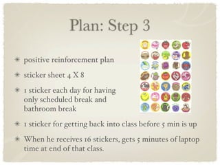 Plan: Step 3
positive reinforcement plan
sticker sheet 4 X 8
1 sticker each day for having
only scheduled break and
bathroom break
1 sticker for getting back into class before 5 min is up
When he receives 16 stickers, gets 5 minutes of laptop
time at end of that class.
 
