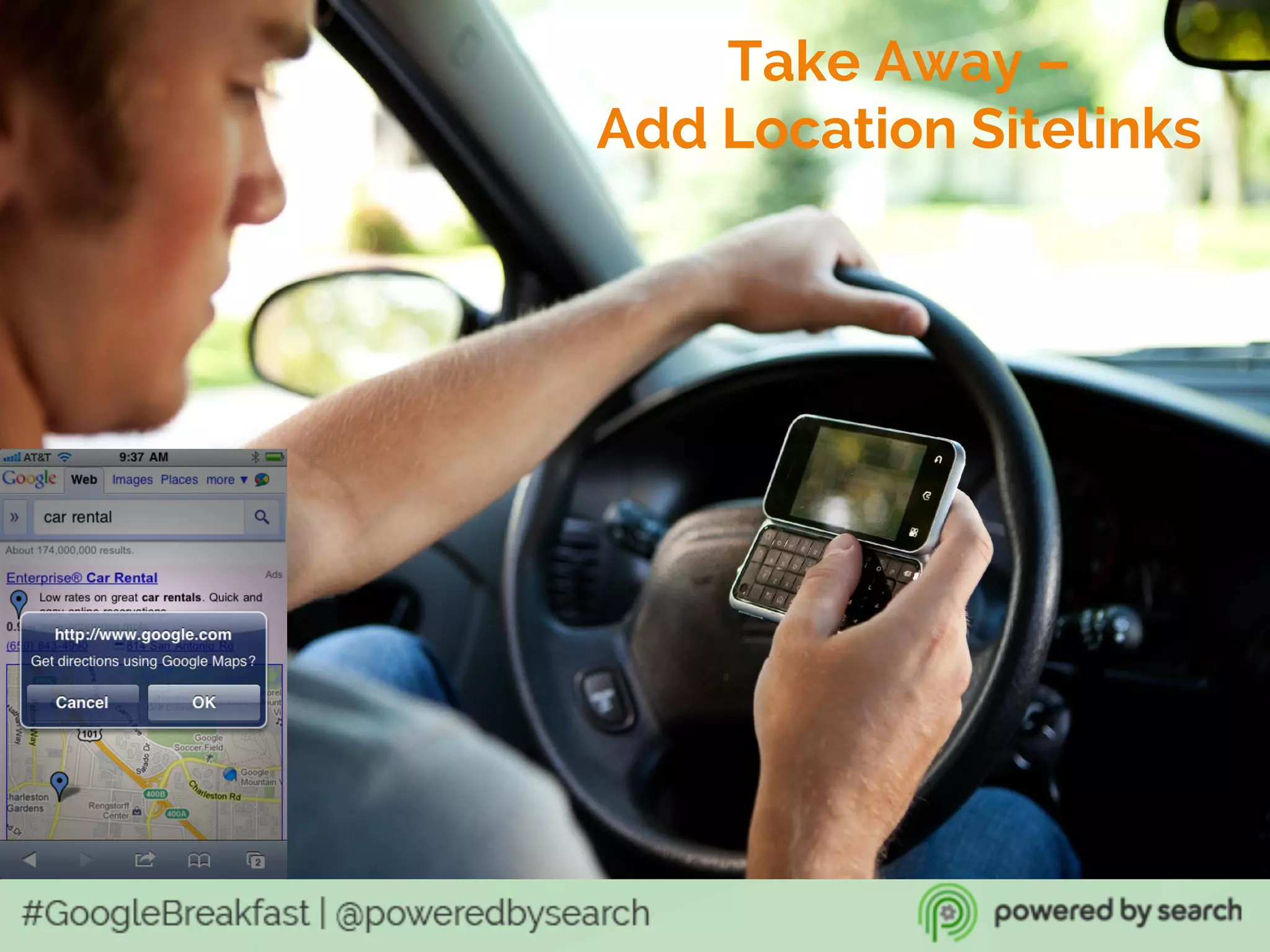 Add Address Sitelinks!
If in-store visits are important to
your business it’s essential
you show your address.
Take Away –
Add Location Sitelinks