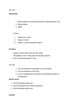 Guru (A):
Aktiviti P&P

1. Menerangkan isi-isi penting berdasarkan kepada paparan LCD
2. Bersoal jawab
3. KBKK

Contoh:
I.

Istilah anak ” yatim “

II.

Maksud “miskin”

III.

Maksud “yang mendustakan agama”

Penilaian:
-

Apakah maksud anak yatim dan fakir miskin.

-

Menyatakan contoh “orang yang mendustakan agama”.

 Guru memperbaiki jawapan murid.

Guru (B):
1. Guru B membantu memaparkan LCD isi berkaitan.
2. Guru B mengawas murid-murid.
3. Guru B mengedarkan kad imbasan yang berkaitan dengan isi
pembelajaran.
Aktiviti murid:
1. Murid menjawab soalan guru
2. Murid memaparkan kad imbasan (jawapan)
3. Murid menjawab soalan guru.

Cacatan:

 