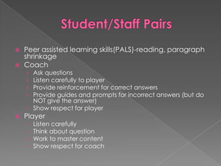 Student/Staff PairsPeer assisted learning skills(PALS)-reading, paragraph shrinkageCoachAsk questionsListen carefully to playerProvide reinforcement for correct answersProvide guides and prompts for incorrect answers (but do NOT give the answer)Show respect for playerPlayerListen carefullyThink about questionWork to master contentShow respect for coach