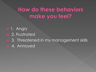 How do these behaviors make you feel?1.  Angry 2. Frustrated 3.  Threatened in my management skills 4.  Annoyed