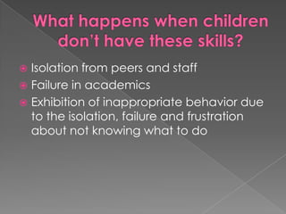 What happens when children don’t have these skills?Isolation from peers and staffFailure in academicsExhibition of inappropriate behavior due to the isolation, failure and frustration about not knowing what to do