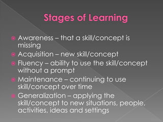 Stages of LearningAwareness – that a skill/concept is missingAcquisition – new skill/conceptFluency – ability to use the skill/concept without a promptMaintenance – continuing to use skill/concept over timeGeneralization – applying the skill/concept to new situations, people, activities, ideas and settings
