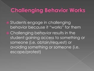 Intensive Individualized InterventionsIntensive individualized interventions are used with students who have very persistent and severe challenging behavior and do not respond to the typical preventive practices, child guidance procedures, or social emotional teaching strategies that would normally work for most children