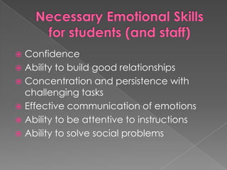Necessary Emotional Skills for students (and staff)ConfidenceAbility to build good relationshipsConcentration and persistence with challenging tasksEffective communication of emotionsAbility to be attentive to instructionsAbility to solve social problems