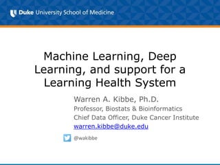 Machine Learning, Deep
Learning, and support for a
Learning Health System
Warren A. Kibbe, Ph.D.
Professor, Biostats & Bioinformatics
Chief Data Officer, Duke Cancer Institute
warren.kibbe@duke.edu
@wakibbe
 