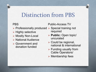 Distinction from PBS
PBS
 Professionally produced
 Highly selective
 Mostly Non-Local
 National Audience
 Government and
donation funded
Public-Access TV
 Special training not
required
 Public: Open topic/
uncurated
 Could be regional,
national & international
 Funding usually from
Cable Operators/
 Membership fees
 