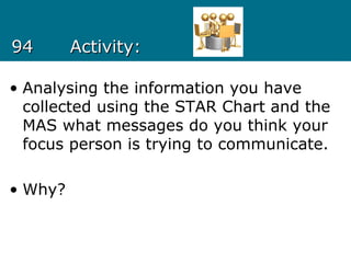 9494 Activity:Activity:
• Analysing the information you have
collected using the STAR Chart and the
MAS what messages do you think your
focus person is trying to communicate.
• Why?
 