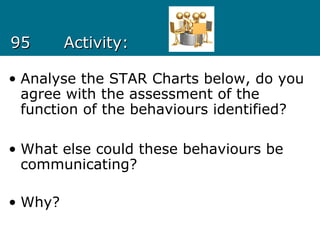 9595 Activity:Activity:
• Analyse the STAR Charts below, do you
agree with the assessment of the
function of the behaviours identified?
• What else could these behaviours be
communicating?
• Why?
 