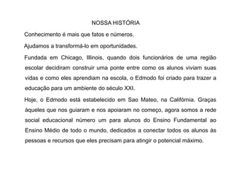 NOSSA HISTÓRIA
Conhecimento é mais que fatos e números.
Ajudamos a transformá-lo em oportunidades.
Fundada em Chicago, Illinois, quando dois funcionários de uma região
escolar decidiram construir uma ponte entre como os alunos viviam suas
vidas e como eles aprendiam na escola, o Edmodo foi criado para trazer a
educação para um ambiente do século XXI.
Hoje, o Edmodo está estabelecido em Sao Mateo, na Califórnia. Graças
àqueles que nos guiaram e nos apoiaram no começo, agora somos a rede
social educacional número um para alunos do Ensino Fundamental ao
Ensino Médio de todo o mundo, dedicados a conectar todos os alunos às
pessoas e recursos que eles precisam para atingir o potencial máximo.
 