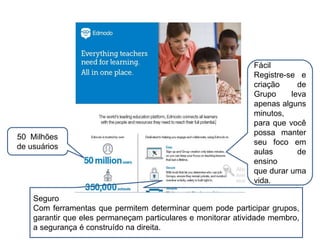 50 Milhões
de usuários
Fácil
Registre-se e
criação de
Grupo leva
apenas alguns
minutos,
para que você
possa manter
seu foco em
aulas de
ensino
que durar uma
vida.
Seguro
Com ferramentas que permitem determinar quem pode participar grupos,
garantir que eles permaneçam particulares e monitorar atividade membro,
a segurança é construído na direita.
 