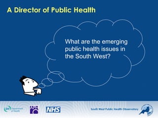 South West Public Health Observatory
A Director of Public Health
What are the emerging
public health issues in
the South West?
 