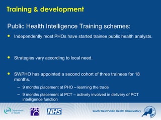 South West Public Health Observatory
Training & development
Public Health Intelligence Training schemes:
 Independently most PHOs have started trainee public health analysts.
 Strategies vary according to local need.
 SWPHO has appointed a second cohort of three trainees for 18
months.
– 9 months placement at PHO – learning the trade
– 9 months placement at PCT – actively involved in delivery of PCT
intelligence function
 