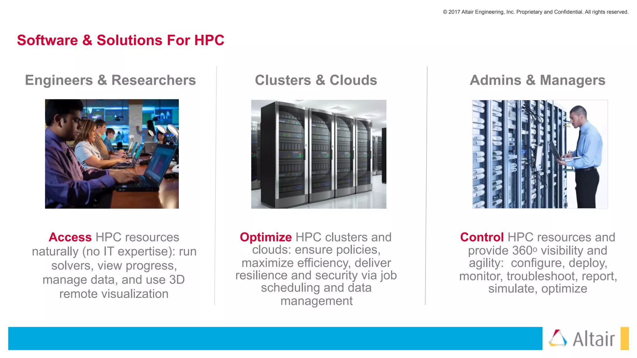 © 2017 Altair Engineering, Inc. Proprietary and Confidential. All rights reserved.
Software & Solutions For HPC
Clusters & Clouds
Optimize HPC clusters and
clouds: ensure policies,
maximize efficiency, deliver
resilience and security via job
scheduling and data
management
Admins & Managers
Control HPC resources and
provide 360o visibility and
agility: configure, deploy,
monitor, troubleshoot, report,
simulate, optimize
Engineers & Researchers
Access HPC resources
naturally (no IT expertise): run
solvers, view progress,
manage data, and use 3D
remote visualization
 