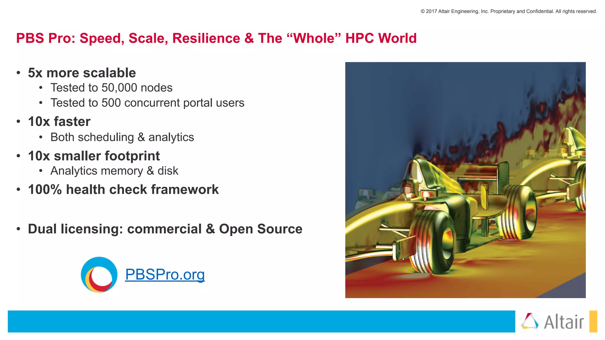 © 2017 Altair Engineering, Inc. Proprietary and Confidential. All rights reserved.
PBS Pro: Speed, Scale, Resilience & The “Whole” HPC World
• 5x more scalable
• Tested to 50,000 nodes
• Tested to 500 concurrent portal users
• 10x faster
• Both scheduling & analytics
• 10x smaller footprint
• Analytics memory & disk
• 100% health check framework
• Dual licensing: commercial & Open Source
PBSPro.org
 