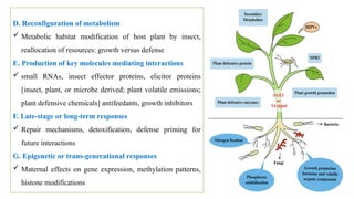11
D. Reconfiguration of metabolism
 Metabolic habitat modification of host plant by insect,
reallocation of resources: growth versus defense
E. Production of key molecules mediating interactions
 small RNAs, insect effector proteins, elicitor proteins
[insect, plant, or microbe derived; plant volatile emissions;
plant defensive chemicals] antifeedants, growth inhibitors
F. Late-stage or long-term responses
 Repair mechanisms, detoxification, defense priming for
future interactions
G. Epigenetic or trans-generational responses
 Maternal effects on gene expression, methylation patterns,
histone modifications
 